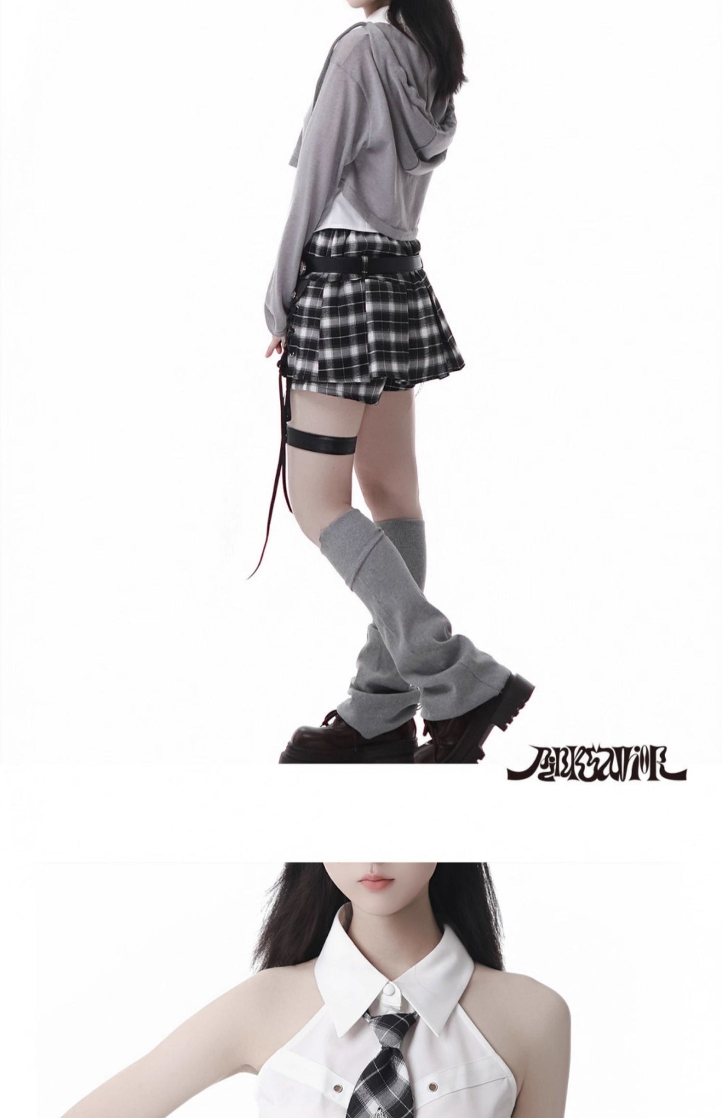 Y2K hooded short top + sleeveless shirt with tie + check culottes