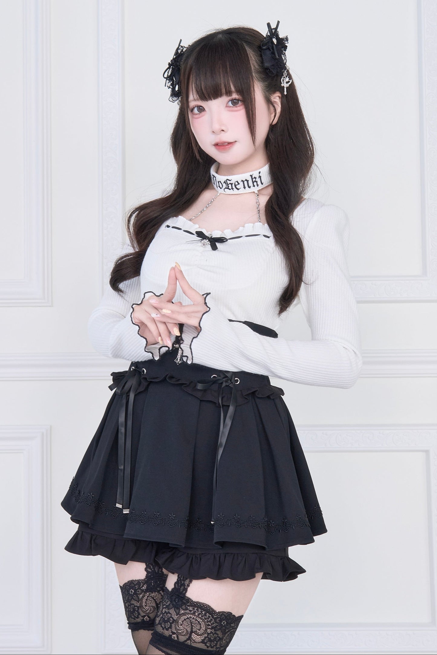 [Reservations] Choker Neck Square Frill Knit Top + Gothic Cross Lace-Up Skirt