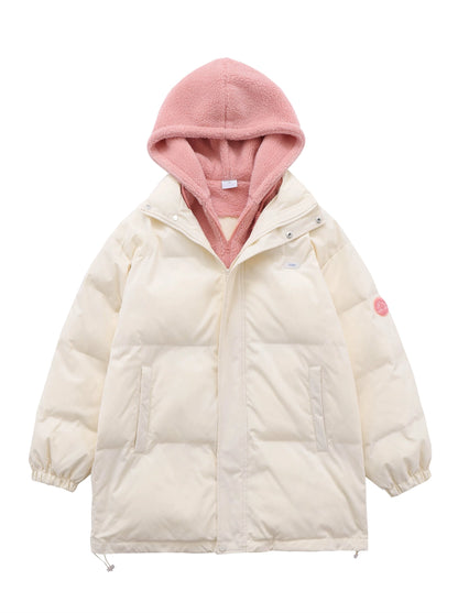 Faux Two Piece Hoodie Cotton Padded Loose Coat