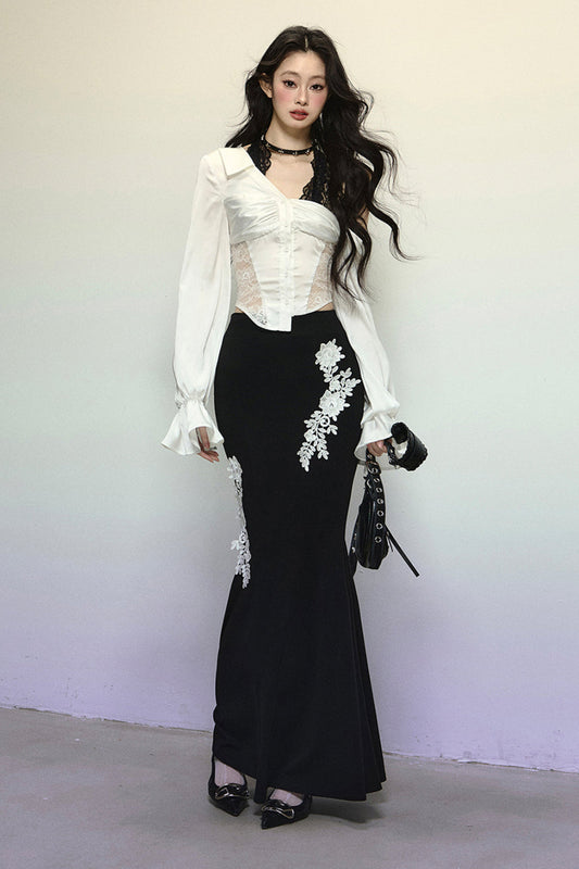 Elegant one-shoulder top + mermaid long skirt