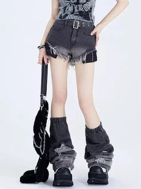 11SH97 Retro Washed Denim Shorts + Leg Cover Design Sense High Waist Slim Hot Girl Distressed Raw Edge Hot Pants