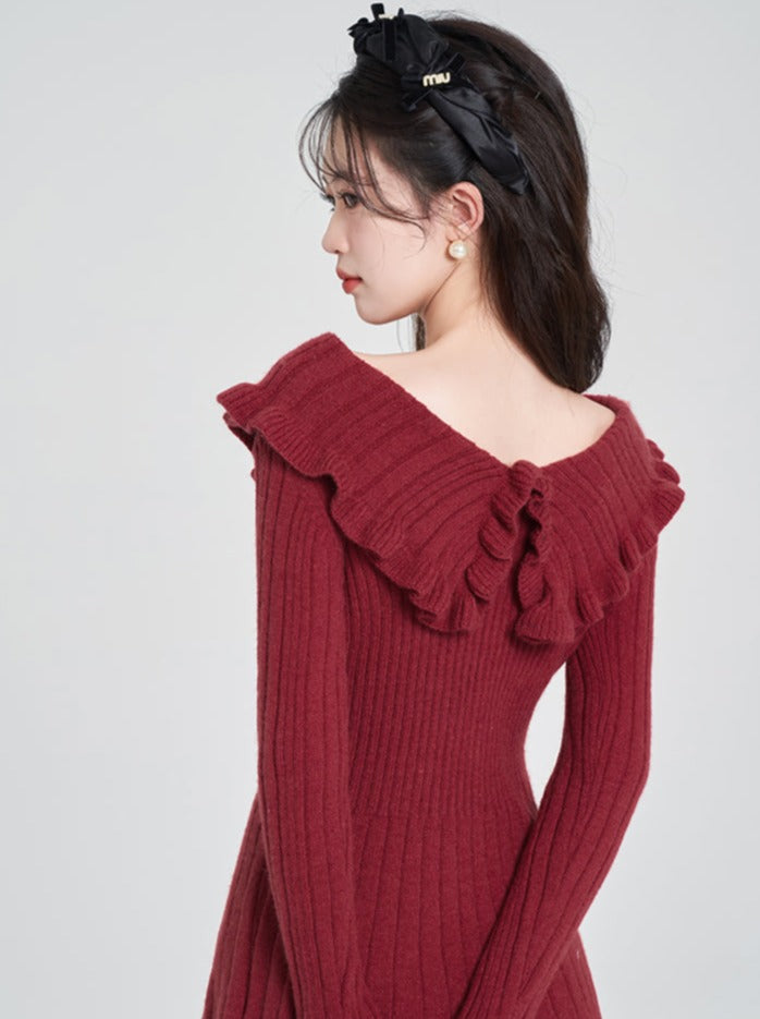 Volume Frill V-Neck Ribbed Knit Dress