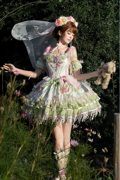 [Clôture des réservations le 10/8] Robe lolita corset à volants en dentelle florale rose x vert doux + ensemble complet (coiffe couronne florale avec voile + manches amovibles)