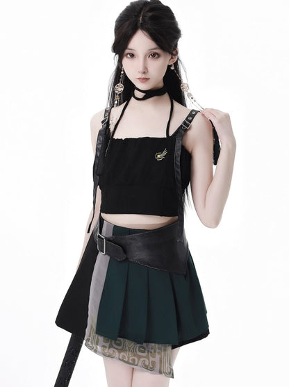 Dark Green Cardigan + Camisole + Asymmetrical Skirt