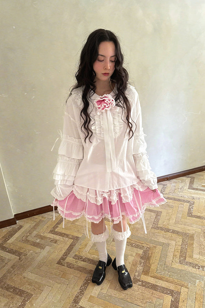 Camisa de patchwork con cuadrícula rosa muñeca