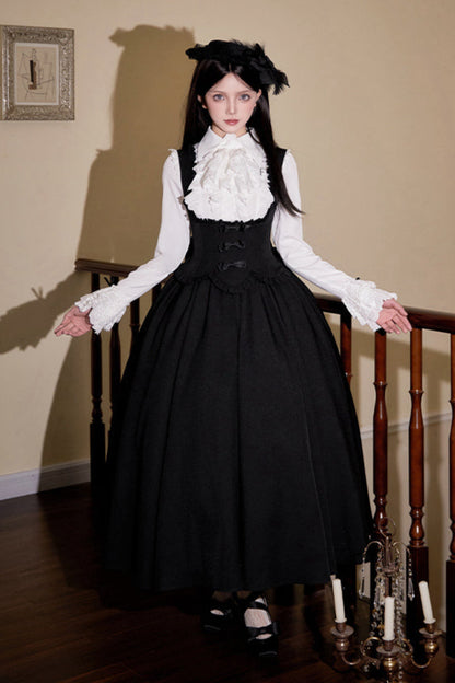 [Reservations] Dark Gothic Doll Long Suspender Lolita Skirt + Big Ribbon Tail + Ruffle Shirt + Ruffle Collar