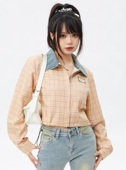 Retro Denim Check Zipper Jacket