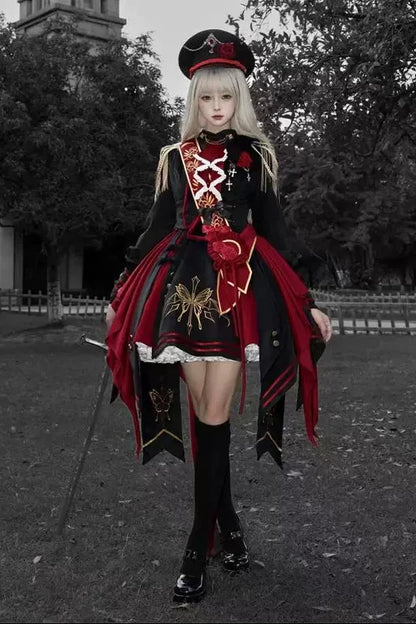 [Pre-order] Black and Red Military Gothic Lolita Asymmetrical Dress + Top + Sash + Brooch Set