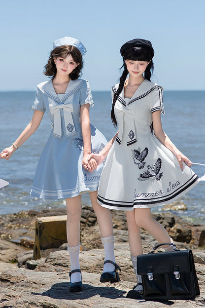 【10月1日予約締切】Blue/White Sailor Collar Bird Embroidery Lolita Bow Dress