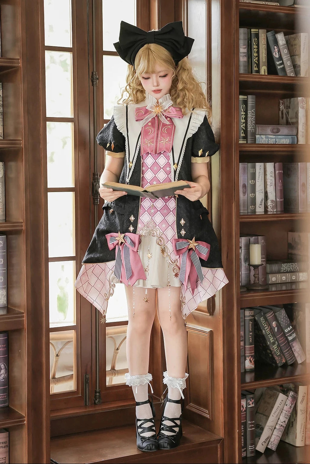 【10月13日予約締切】Magic Academy Starry Diamond Pendant Bow Lolita Dress + Black Lace Trim Bow Puff Sleeve Jacket + Detachable Star Embroidery Ribbon Frill Collar + Full Set