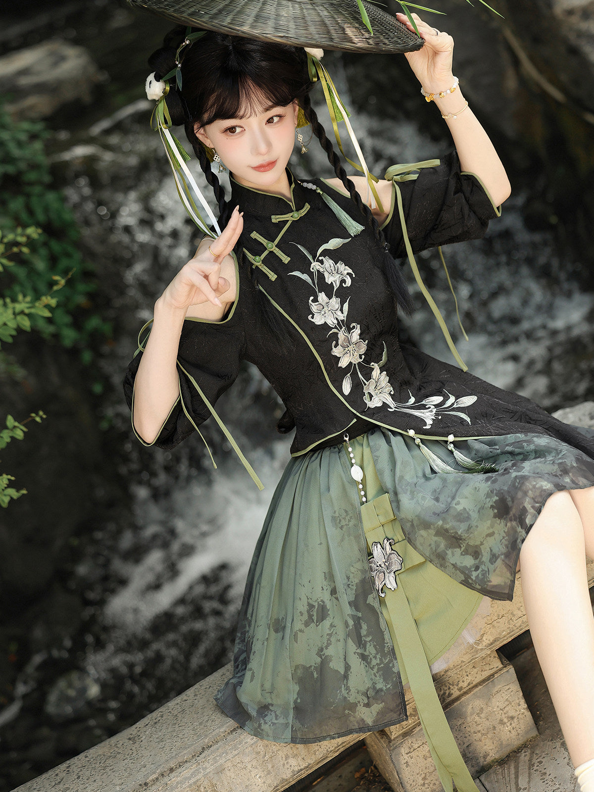 Floral Gothic Asymmetric Cheongsam Dress + Skirt