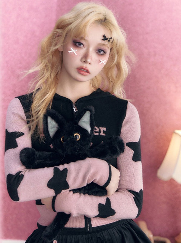 Star Design Arm Zip-Up Hoodie + Ribbon Tiered Skirt