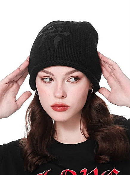 Dark Cross Leather Layered Knit Hat