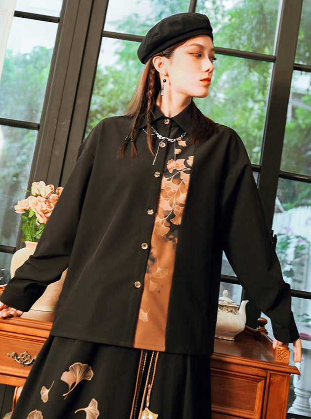 China Leaf Print Collection Design Retro Classic Elegant Shirt + Skirt