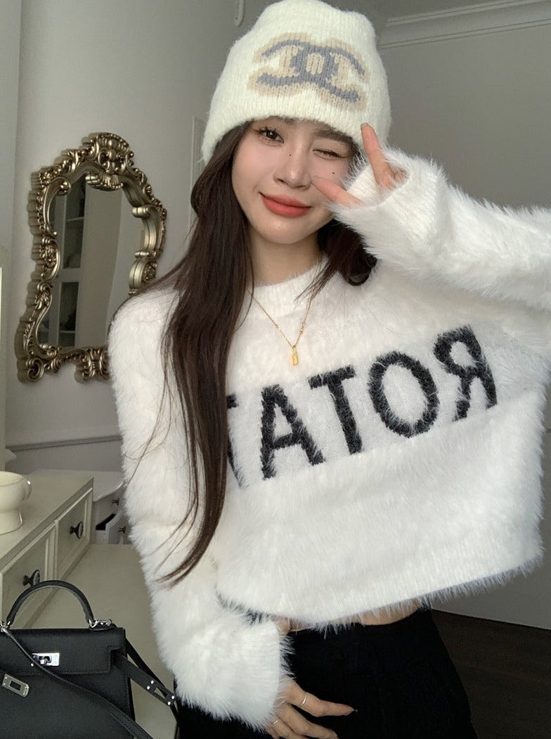 Logo soft fur knit top