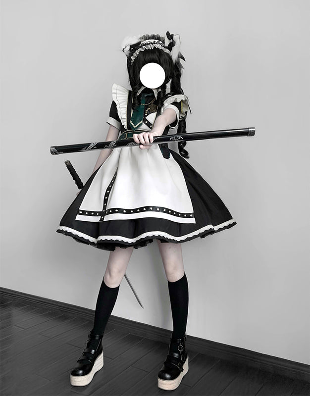 Schwarz-grünes Militär-Maid-Lolita-Kleid Komplettset