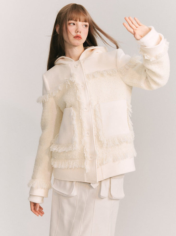 Fringe Straight Loose Hooded Wool Jacket