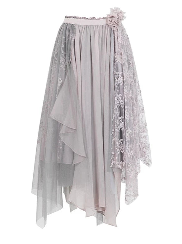 High Waist Asymmetrical Sheer Floral Skirt