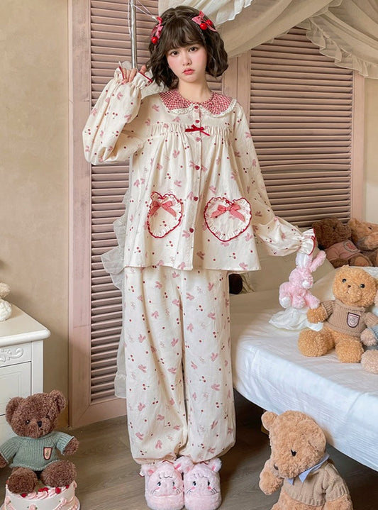 Charcoal Cherry Bunny Doll Collar Cotton Pajamas