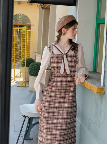 Queen Maillard French Retro Faux Retro Faux Two Piece Wool Check Dress