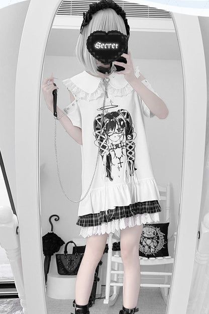 サブカルチャープリントオフショルダータイワンピース