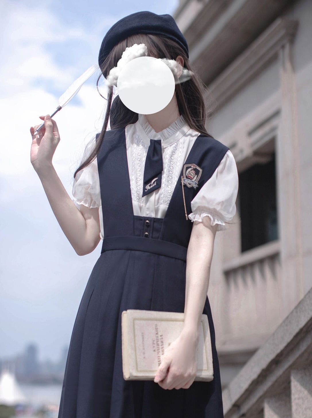 [Reserved Item] Retro Summer Dress + Puff Sleeve Shirt + Tie + Badge