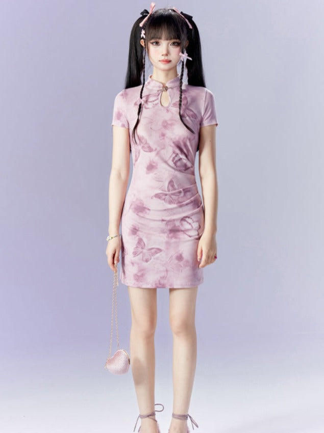 Sweet Pinky Butterfly Short China Dress