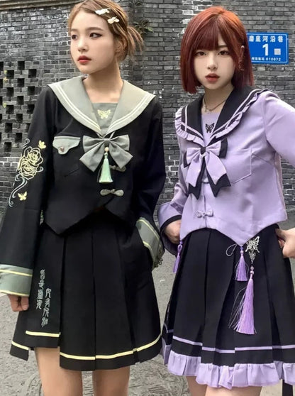 China Sailor Top + Short Skirt + Long Skirt + Chain + Ribbon