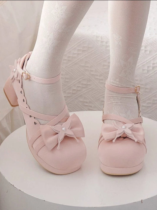 Lolita Sweet Elegant Mid Heel Round Toe Ribbon Shoes