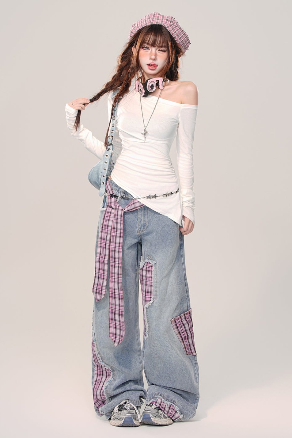 Check panel straight wide leg pants