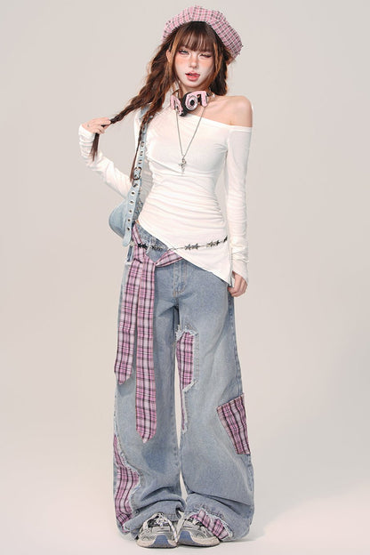 Patchwork check Wide leg jeans