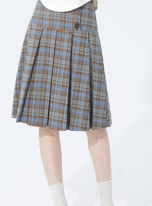 Loose Retro Check Pleated A-Line Skirt