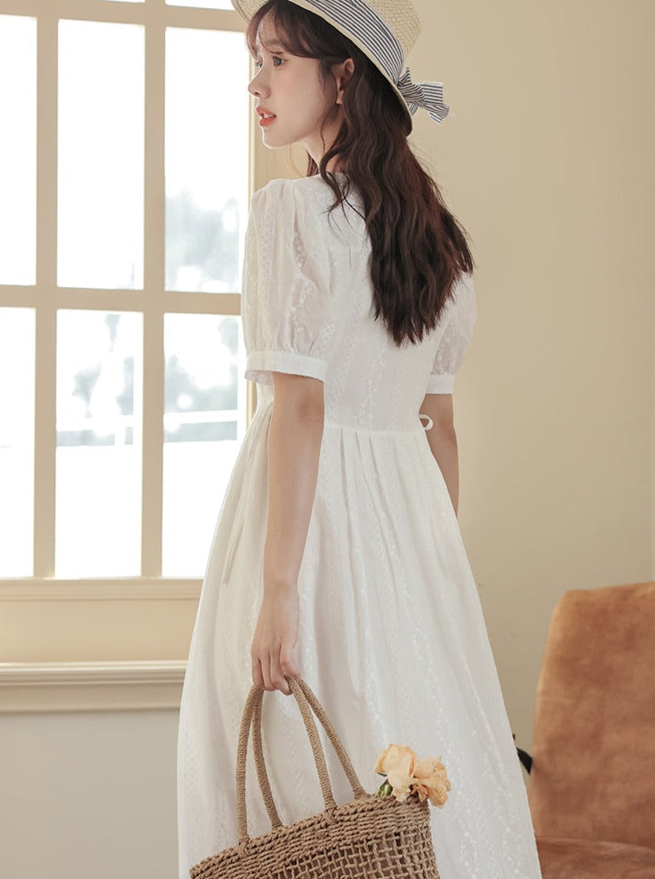 Square color puff sleeve waist dress