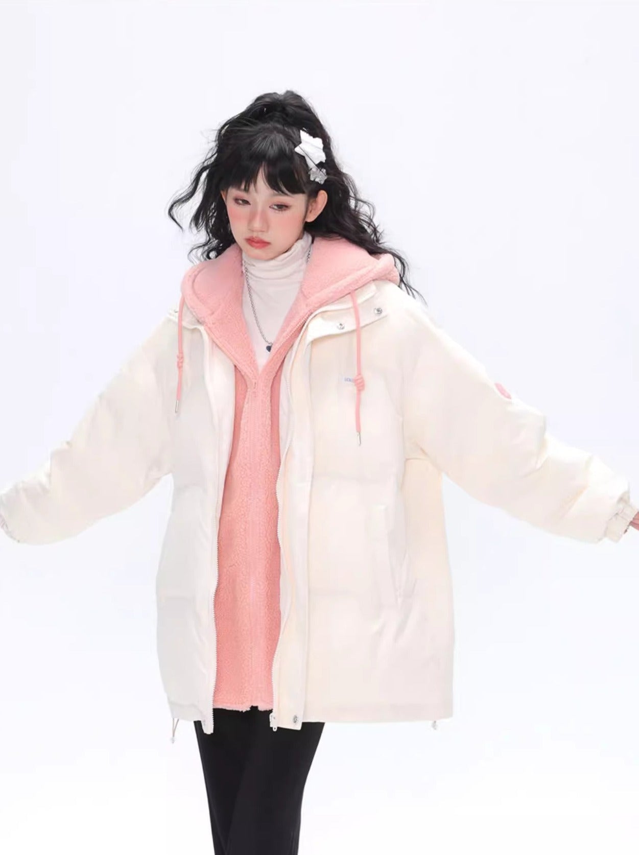 Faux Two Piece Hoodie Cotton Padded Loose Coat