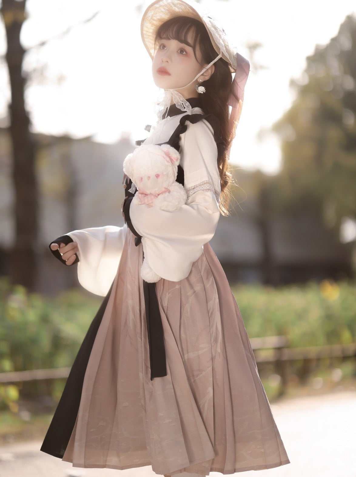 China Bow Suspender Skirt + Balloon Sleeve Blouse