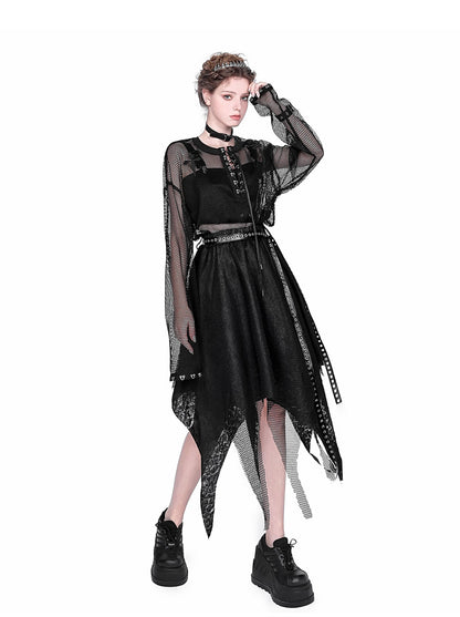 Mesh Sheer Metal Cross Lace-Up Mode Long T