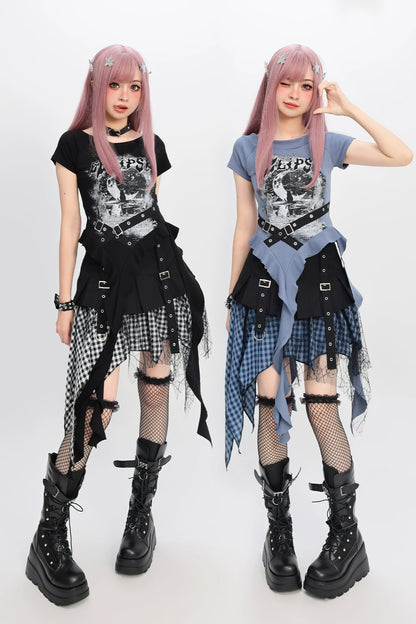 ダークサブカルトップス＋チェックスカート