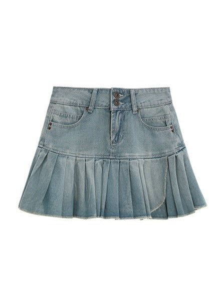 American Style Denim Pleated Skirt