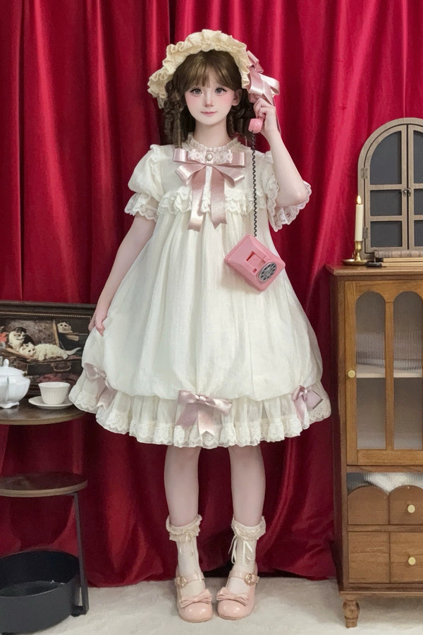 【9月19日予約締切】Pink x Beige / Dark Blue x Beige Doll Style Sweet Lolita Bow Lace Puff Sleeve Dress + Dress Set + Full Set