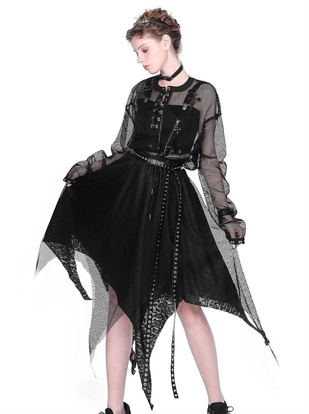 Mesh Sheer Metal Cross Lace-Up Mode Long T