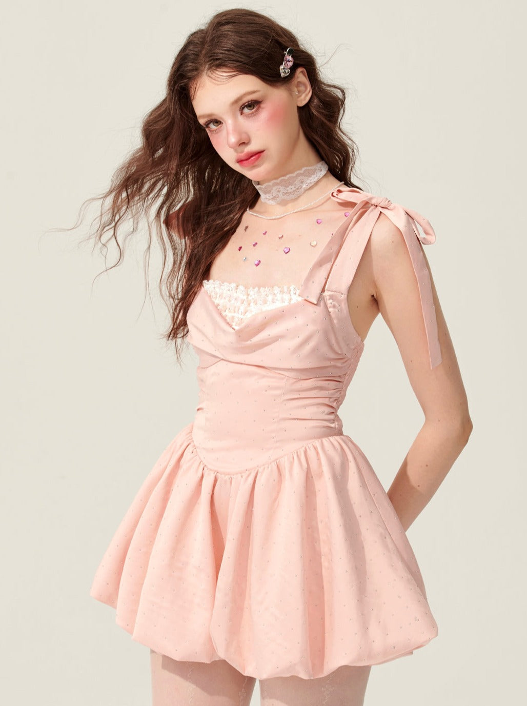 [5월 31일 20시 판매] 핑크 폴카 도트 슬립 드레스 투투 스커트