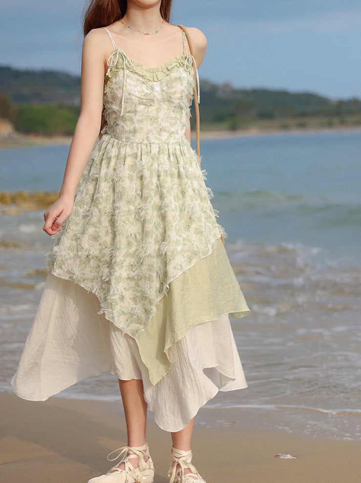 Seaside Vacation Floral Ruffle Ribbon Top + Assassus Dress [Short Long]