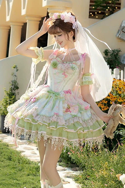[Clôture des réservations le 10/8] Robe lolita corset à volants en dentelle florale rose x vert doux + ensemble complet (coiffe couronne florale avec voile + manches amovibles)