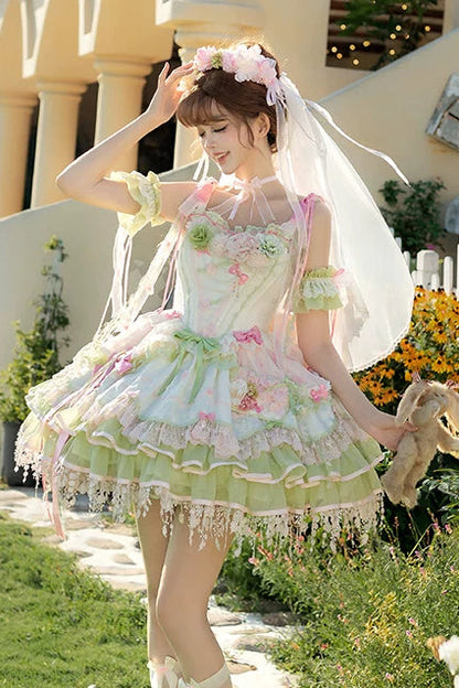 [Clôture des réservations le 10/8] Robe lolita corset à volants en dentelle florale rose x vert doux + ensemble complet (coiffe couronne florale avec voile + manches amovibles)