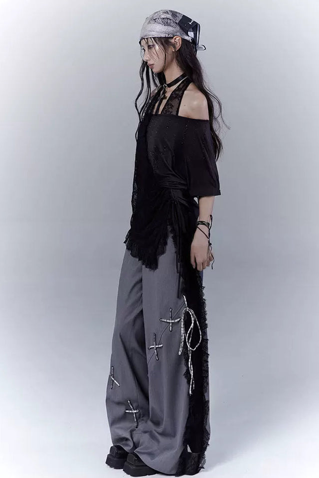 ダークバイカラーシークレットレースパッチワークパンツ