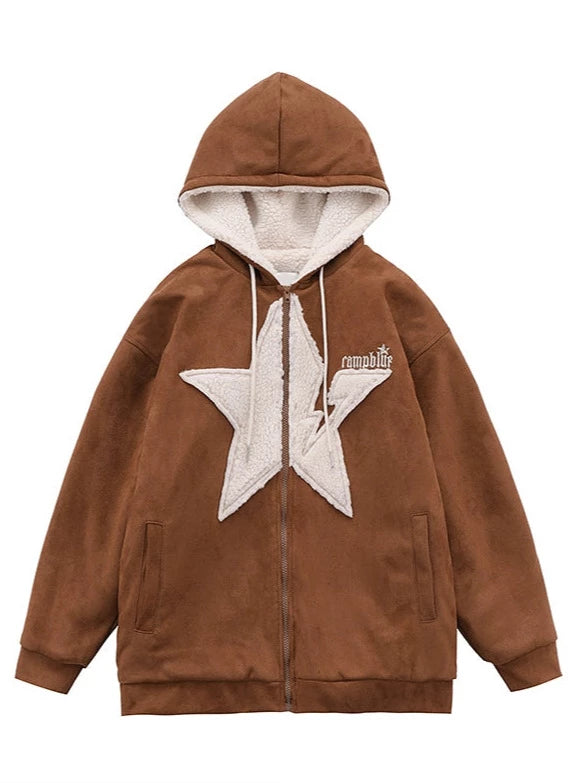 Suede Star Hooded Plus Velvet Sweatshirt Jacket