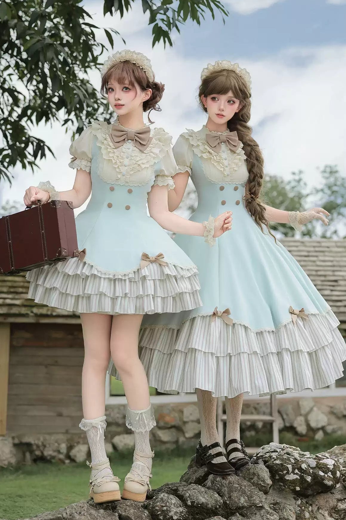 Lace Stand Collar Petal Hem Ruffle Dress