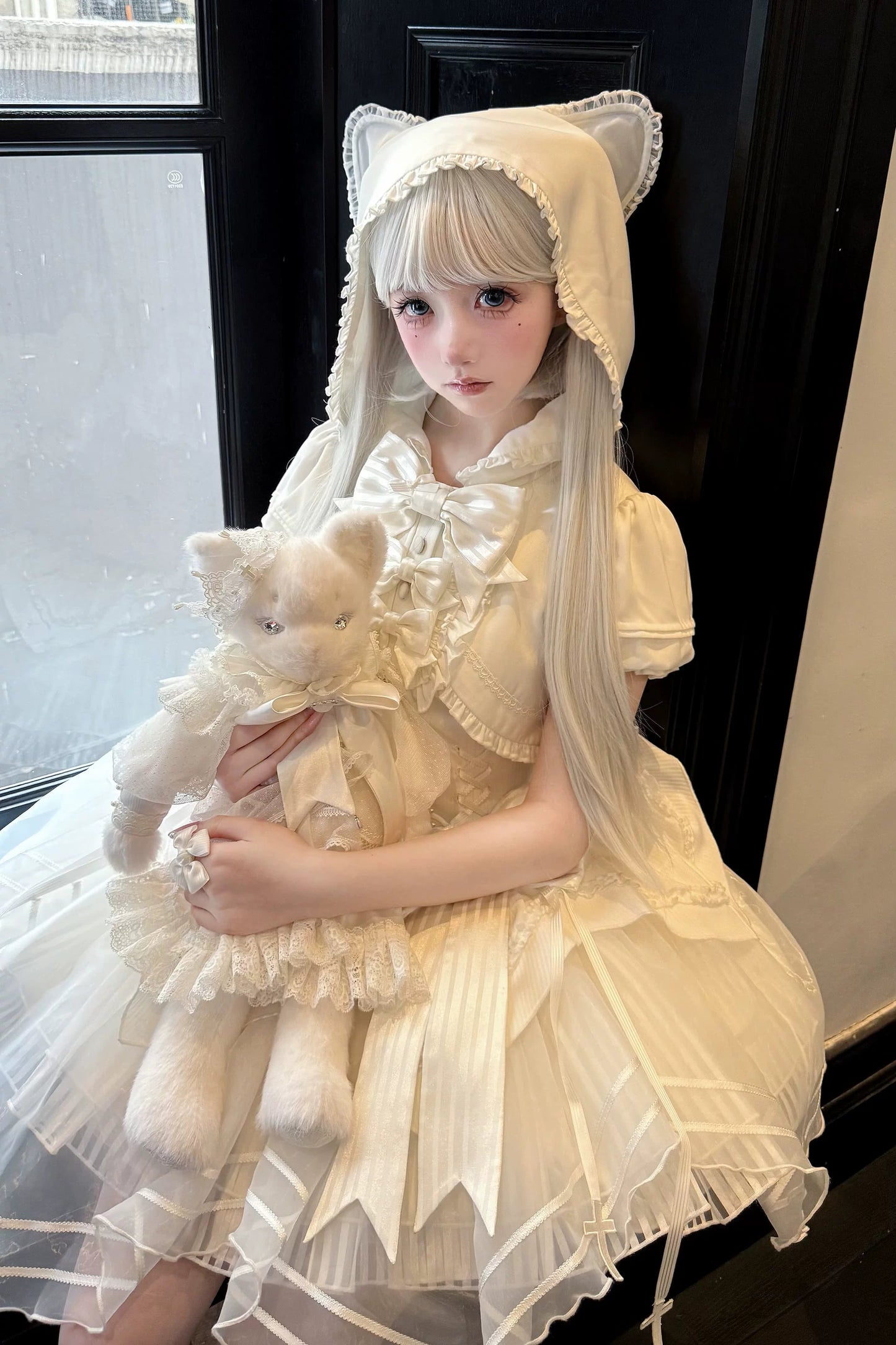 【4月18日予約締切】猫耳フーディーレースリボンホワイトフェイクツーピースロマンティックゴシックロリータドレス