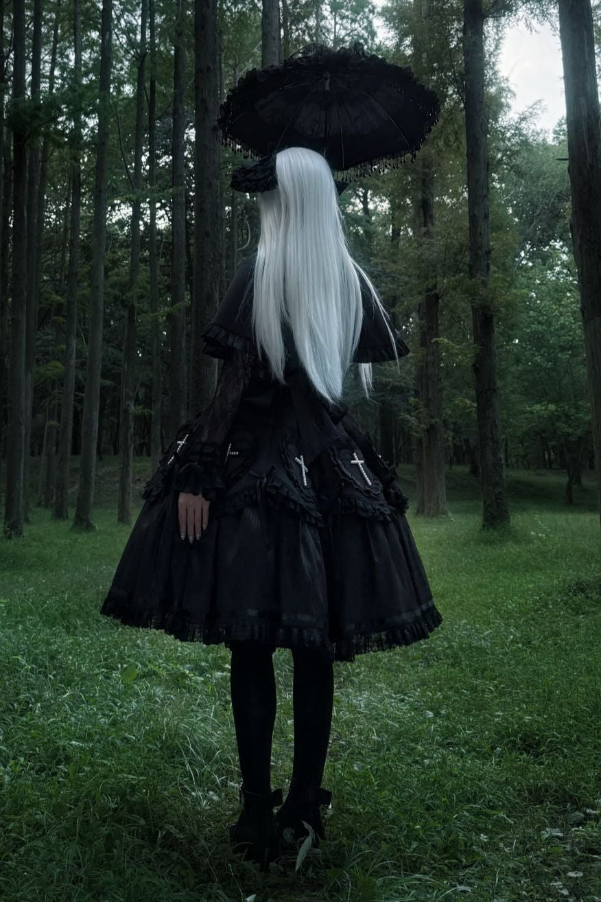 【12月12日予約締切】Night Crossダークエレガントゴシックロリータジュエルリボンケープ＋ロングドレスセット