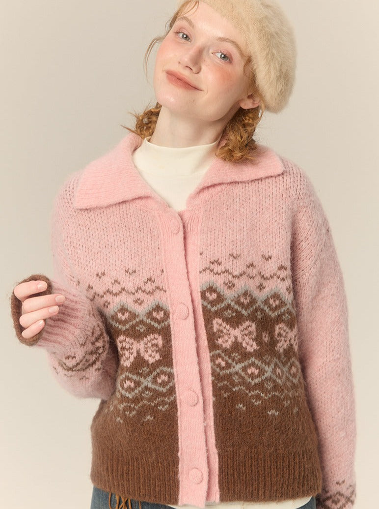 Fair Isle Sweater Ribbon Knit Cardigan